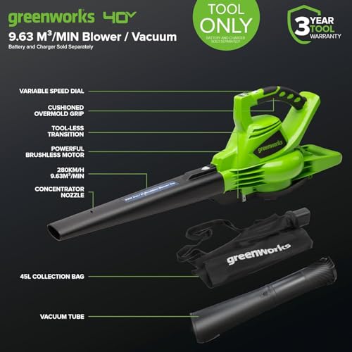 40V Akku-Laubsauger/Laubbläser Greenworks mit bürstenlosem Motor GD40BV, 280 km/h, 9,63 m³/min, 45L Fangsack, 3 Jahre Garantie & 2A Universal