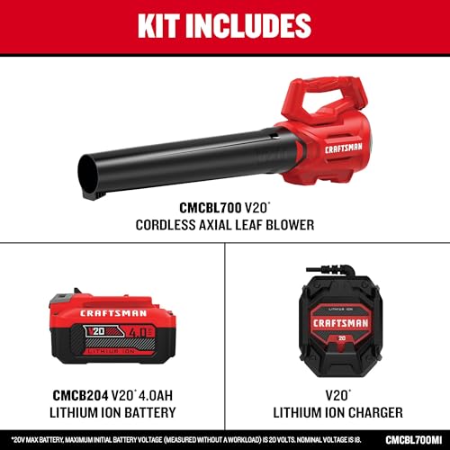 CRAFTSMAN V20 Akku-Axial-Laubbläser-Set mit 4,0 Ah Akku und Ladegerät (CMCBL700M1)