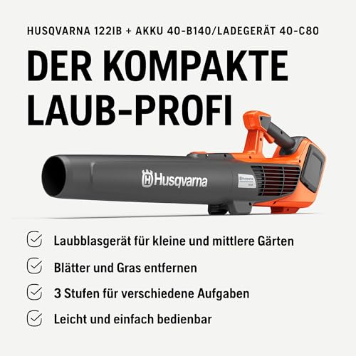 Husqvarna 122iB Akku-Laubbläser Kit – 36V kabellos, 10,3 m³/min Luftstrom, leichtes 2 kg-Design, 3-Stufen-Geschwindigkeitsregelung und bürstenloser
