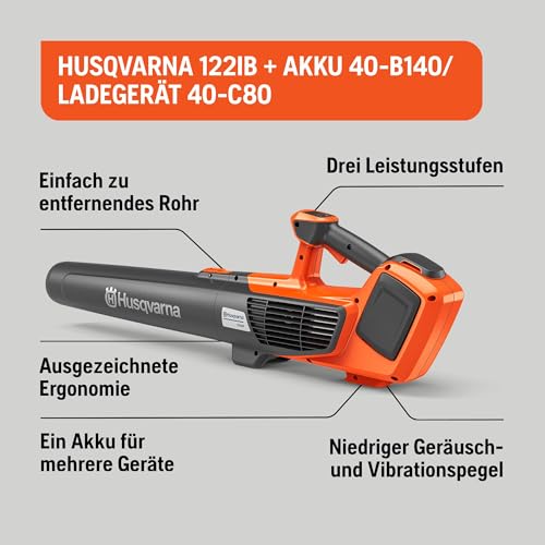 Husqvarna 122iB Akku-Laubbläser Kit – 36V kabellos, 10,3 m³/min Luftstrom, leichtes 2 kg-Design, 3-Stufen-Geschwindigkeitsregelung und bürstenloser