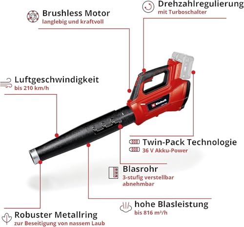 Einhell Professional Akku-Laubbläser GP-LB 36/210 Li E-Solo Power X-Change (Lithium-Ionen, 816m³/h Blasleistung, Turboschalter, 3-stufiges +